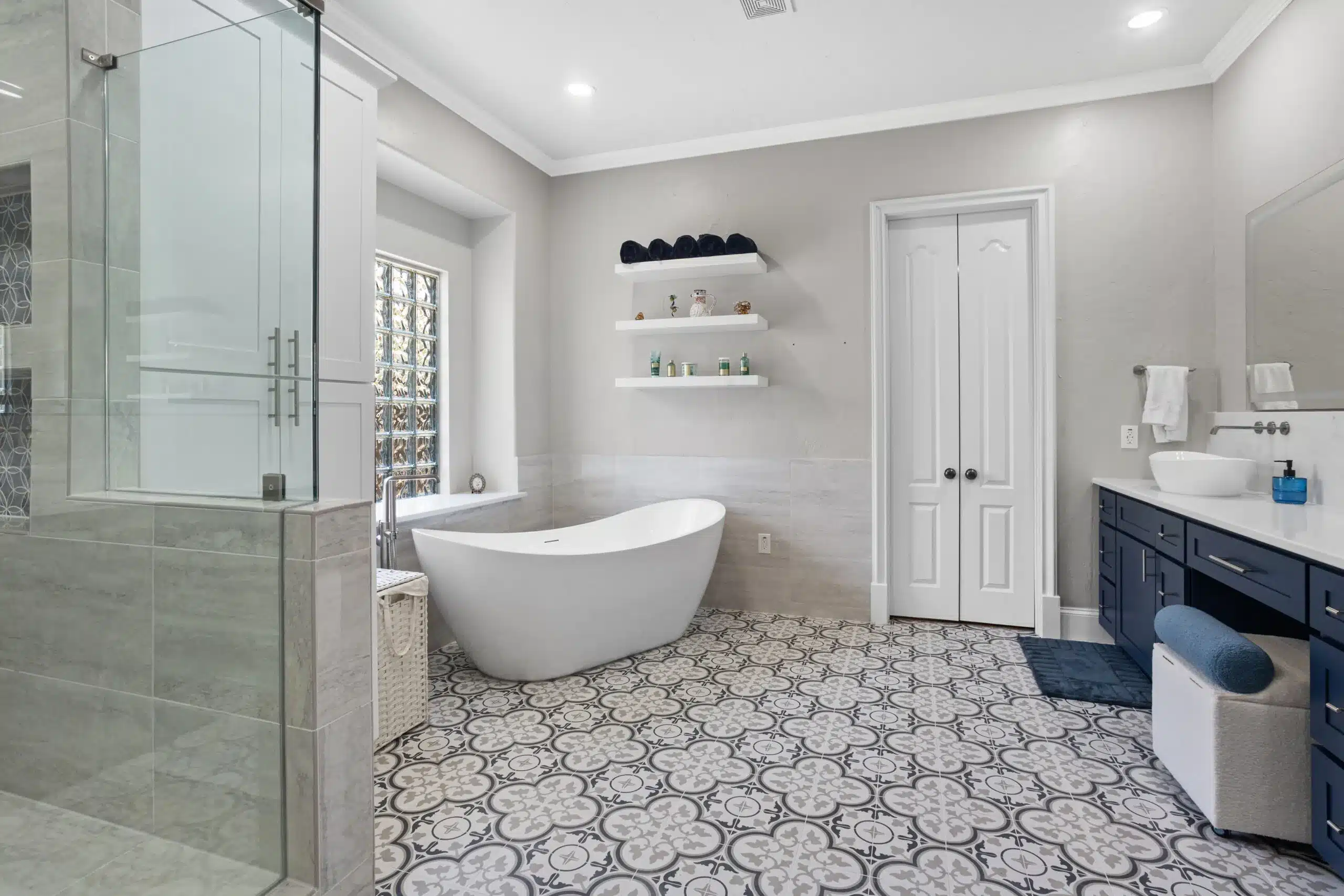Elegant bathroom renovation highlighting Kitchen and Bathroom Remodeling in North Richland Hills with walk-in shower and custom vanity